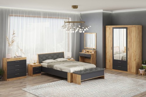 Спальний гарнітур Моніка (Комод К-4 + Тумба-2 (2шт.) + Ліжко-160 + Банкетка + Туалетний столик + Банкетка + Шафа Ш-4) Пєхотін